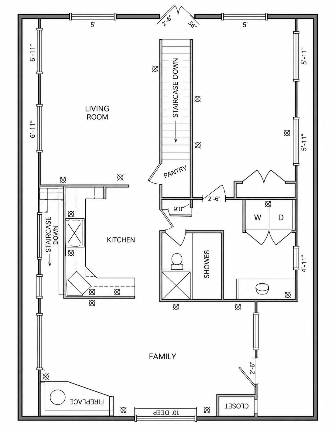 Floor plan drawing of the main floor with living room, kitchen, pantry, family room, fireplace, bath and laundry