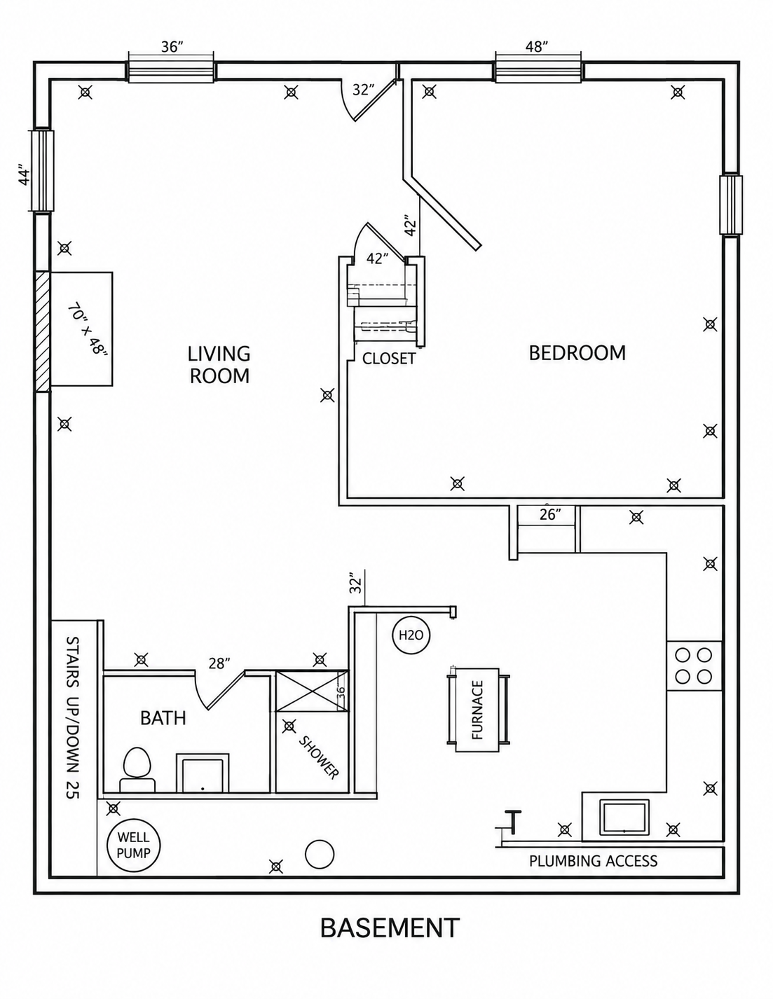 Floor plan drawing of the lower level with living room, bedroom, closet, bath and kitchen