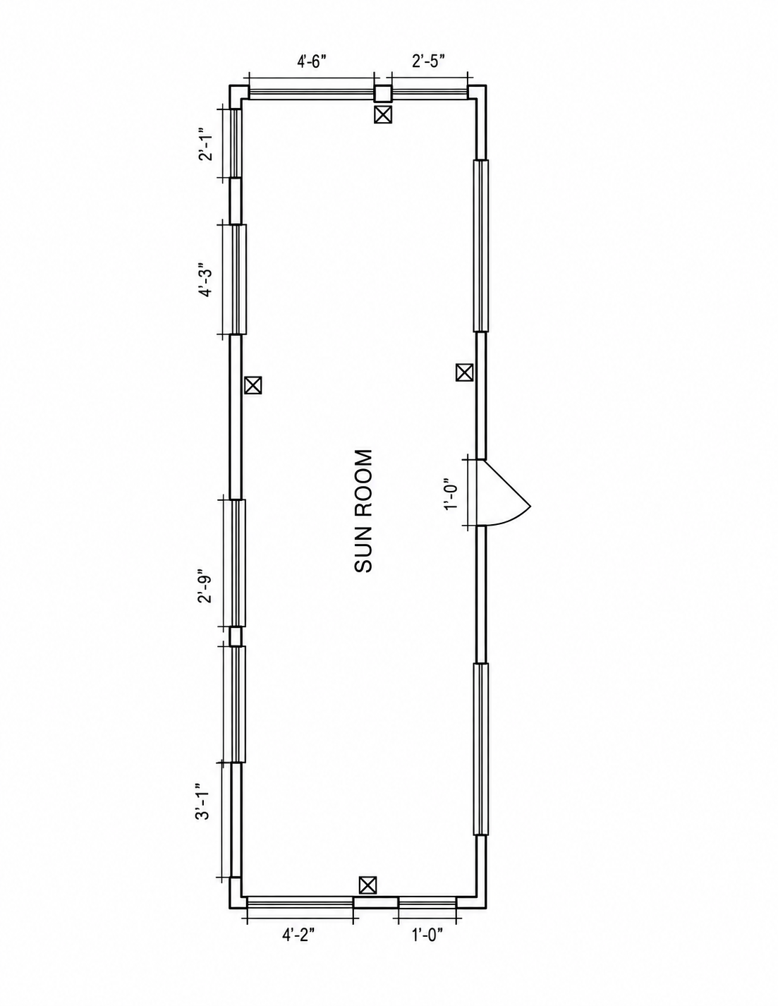 Floor plan drawing of the long narrow sun room with windows along both sides