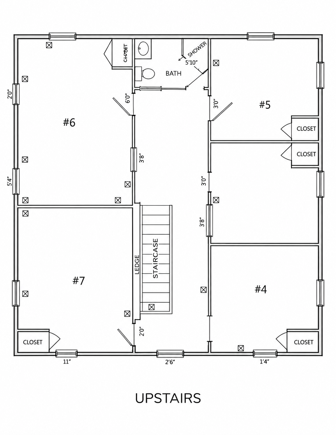 Floor plan drawing of the upstairs level with four numbered bedrooms, closets, a bath and the staircase
